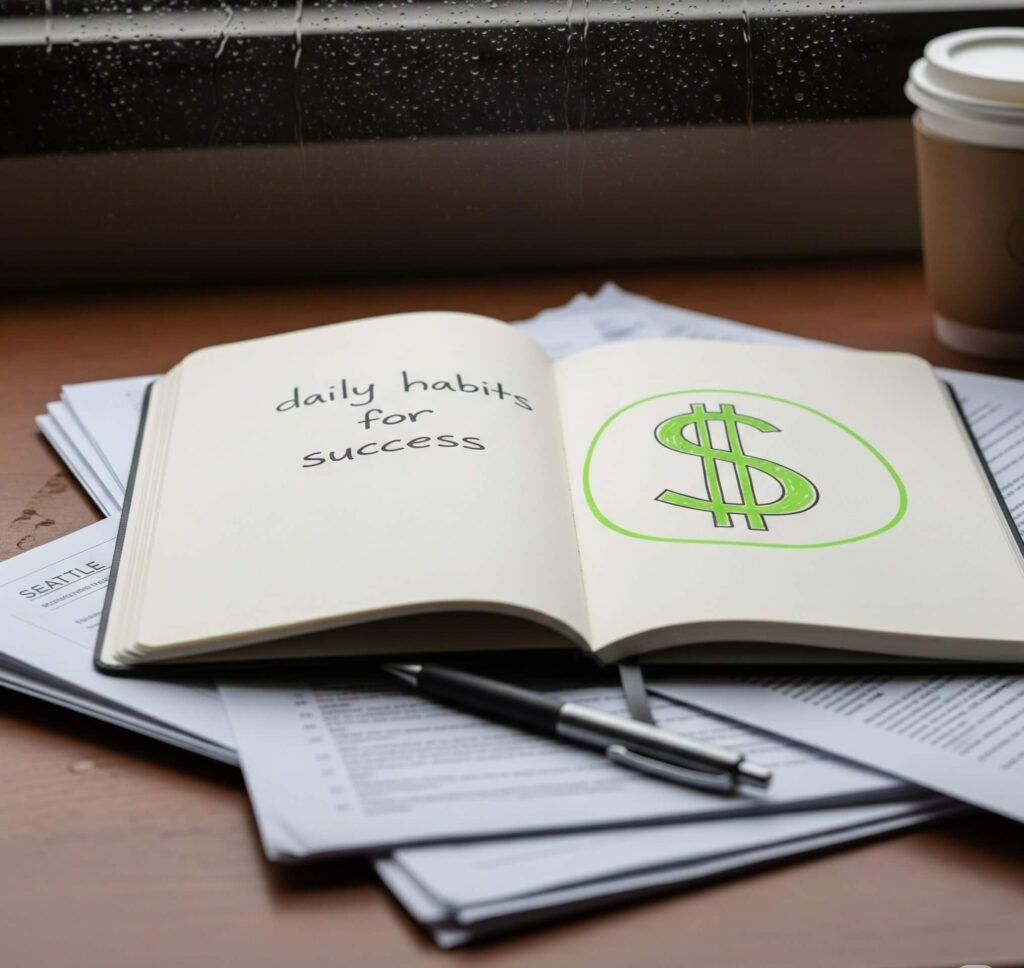 Coffee-stained desk with 'daily habits for success' notebook
