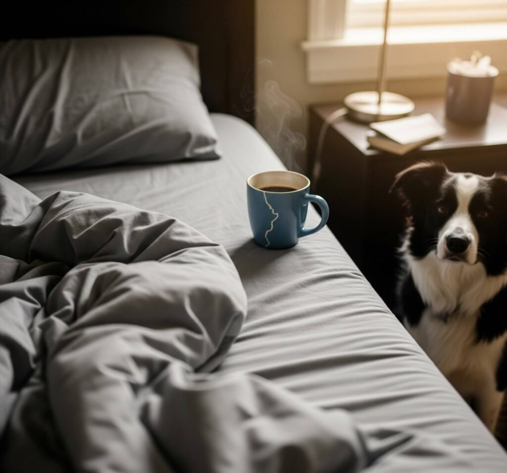 Morning Mess & Judgmental Dog: Relatable Bed Before Productivity