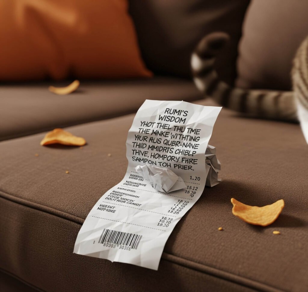 Rumi Quote Receipt on Couch with Cat Tail Photo