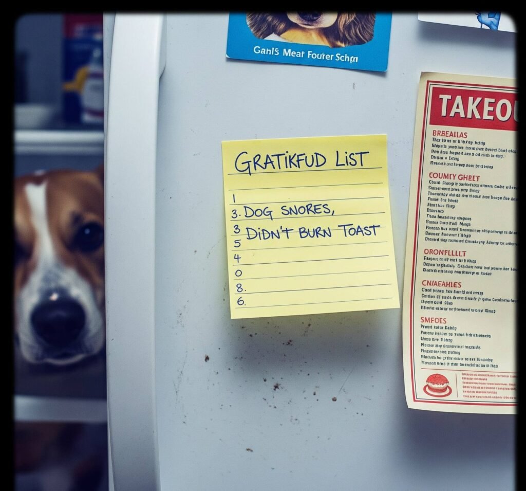 Gratitude Sticky Note: Fridge Vibes & Dog