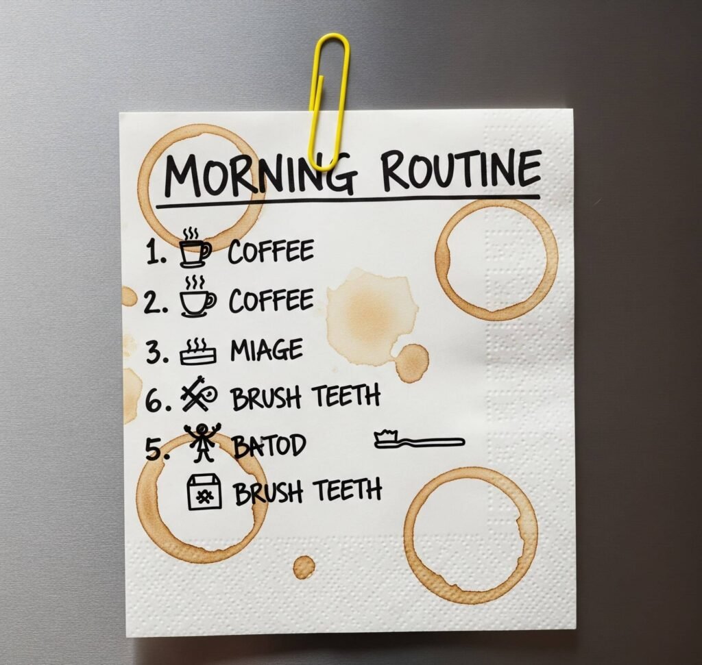Coffee-Stained Napkin: Morning Routine List