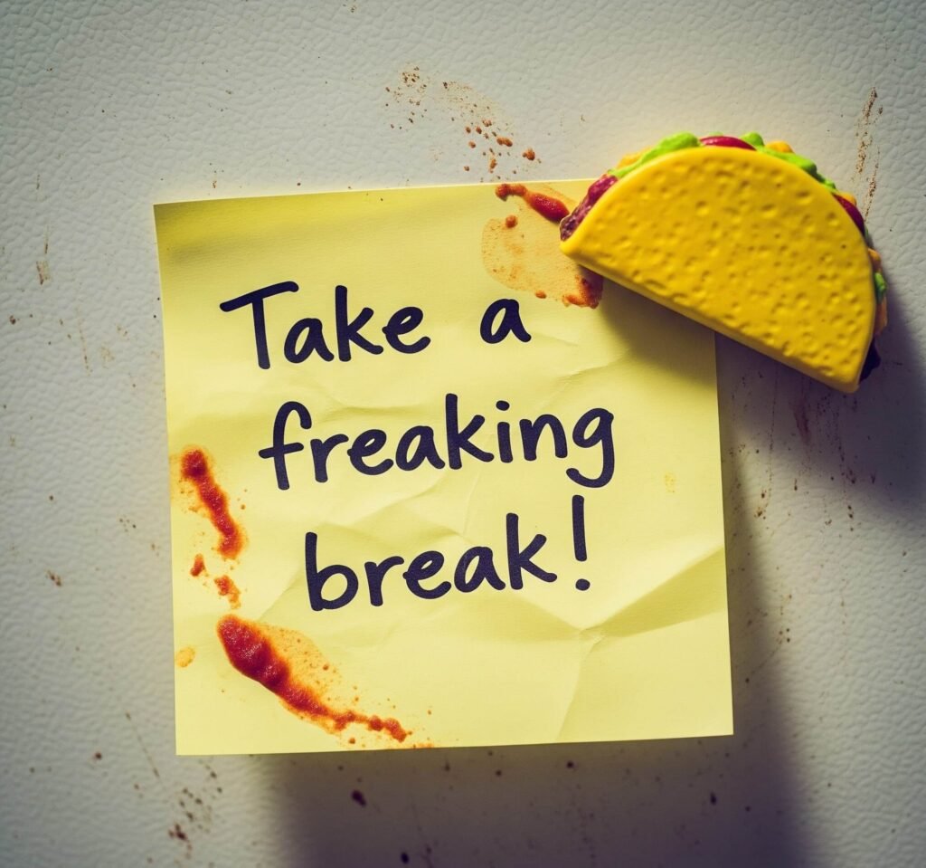 Fridge Confessions: Pizza Stains & "Take a Break!"