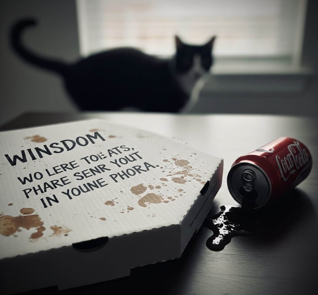 Chaotic Pizza Box: Spilled Soda & Lurking Cat Photo
