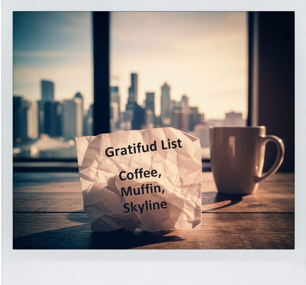 Gratitude list on crumpled paper with Seattle skyline