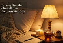 Cozy bedroom scene with journal, lit candle, and steaming herbal tea on a nightstand, bathed in warm light."