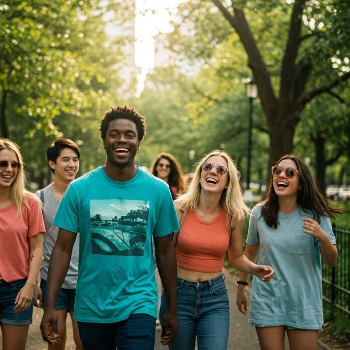 Group of young adults laughing and walking in a park.