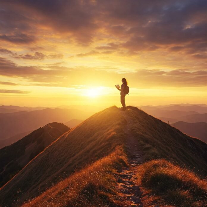 Reading on a mountain peak