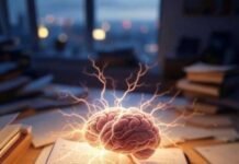 Mindset Transformation: A 30-Day Guide to Rewire Your Brain for Success Impressionistic desk with neural sparks, mindset shift.