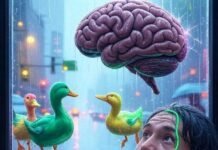 Rewire Your Brain for Success With These Simple Habits Brain rewiring, rainy window, ducks, neon hues.