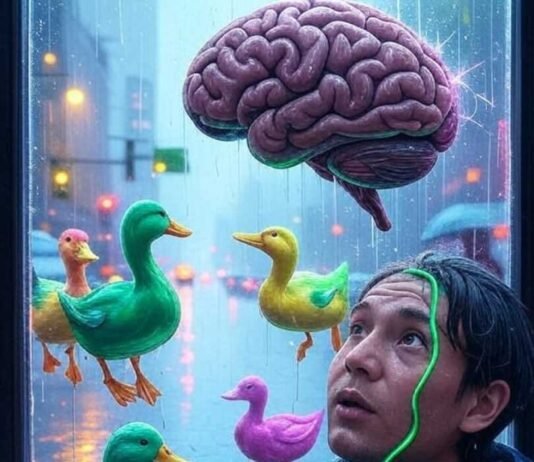 Rewire Your Brain for Success With These Simple Habits Brain rewiring, rainy window, ducks, neon hues.