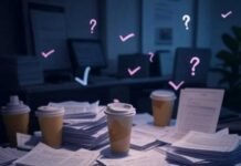 Habit Tracker Ideas to Stay Consistent Without Burnout Cluttered desk with coffee stains, glowing habit trackers.