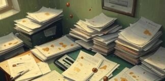 Habit Stacking Examples to Maximize Your Time Effortlessly Messy desk with coffee stains, papers, phone.