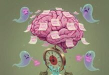 The Science Behind Setting Goals That Stick Brain tangled in goals, melting clock, quirky ghosts.