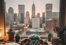 7 Happiness Habits That Helped Me Beat Anxiety Hands knitting by a rainy city window.