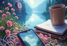 Top 5 Self Help Strategies That Helped Me Beat Burnout Cluttered desk with journal, laptop, vintage vibe.