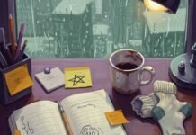 9 Powerful Self Growth Activities You Can Do at Home Impressionistic painting of a cluttered desk in a Seattle apartment.