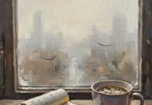 30 Gratitude Journal Prompts to Shift Your Mood Instantly Impressionistic painting of a notebook and mug by a window.