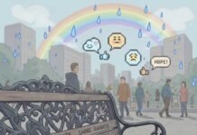 Feel Good Stories to Restore Your Faith in Humanity Digital painting of urban kindness with notes and rainbow.